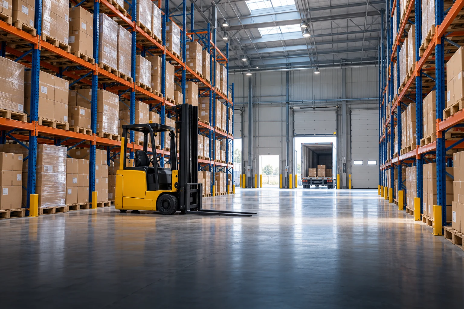Illustrative logistics warehouse with pallet racks and a forklift
