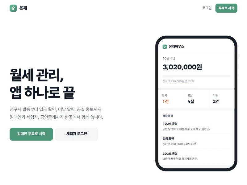 온채 첫 화면 — 이번 달 수납, 연체, 공실, 기한